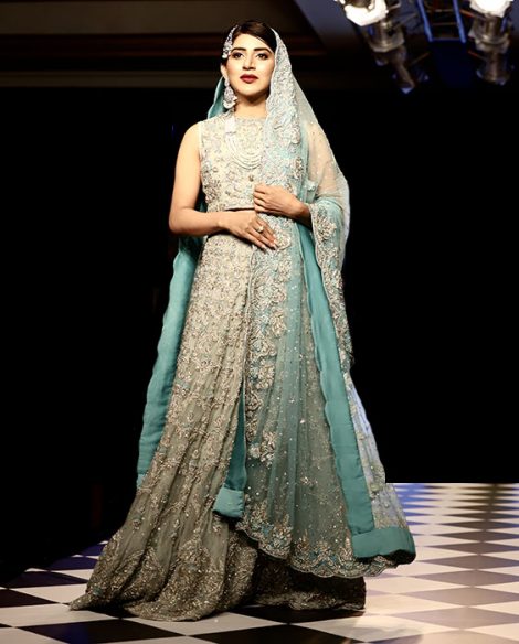 Seafoam and Teal Contrast Embroidered Gown Set