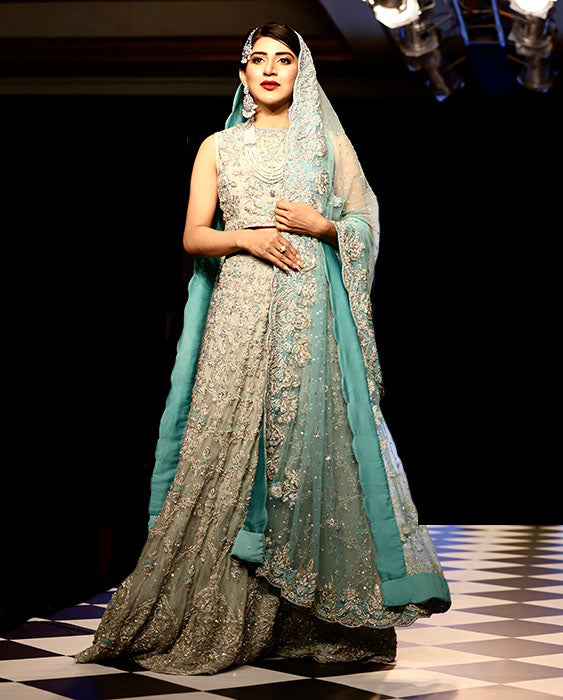 Seafoam and Teal Contrast Embroidered Gown Set