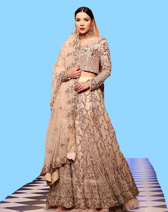 Nude Peach and Antique Gold Embellished Lehenga Set